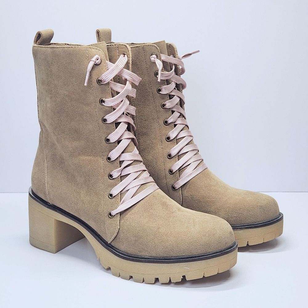 Oasis Society Boots Womens Size 6.5 Beige Faux Suede Lace Up Combat Booties